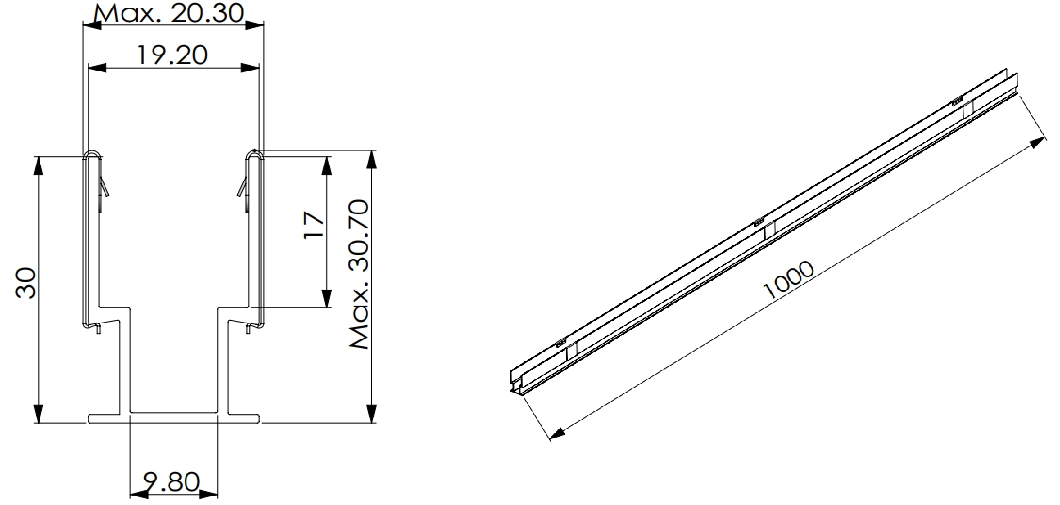 Tipo 3, perfil AL para aplica&ccedil;&atilde;o externa (1 metro Al com clipes 10pcs)